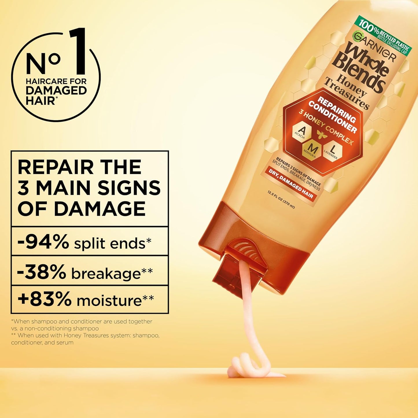 Garnier Whole Blends Honey Treasures Repairing Conditioner, for Dry, Damaged Hair, 3 Fl Oz (Travel Size), 1 Count (Packaging May Vary)