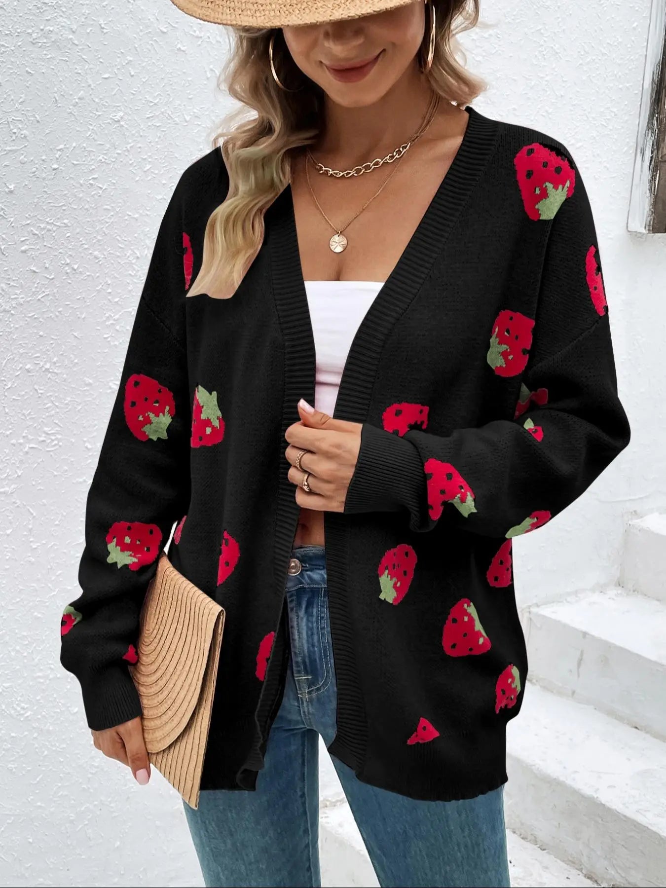Women'S Strawberry Print Drop Shoulder Cardigan, Casual Cute Long Sleeve Knitwear for Daily Outdoor Wear, Women'S Knitwear for Fall & Winter