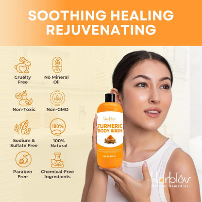 Turmeric Body Wash – Skin Brightening Liquid Soap for Discoloration – Natural anti Aging Exfoliating Turmeric Body Wash for Spots, Acne, Sun Damage – Bath Soap Skincare
